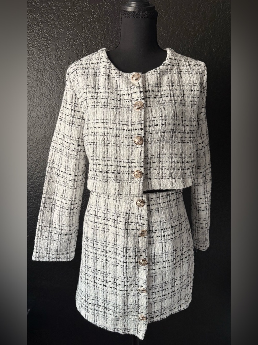 Cropped Tweed Jacket and Skirt Set in White and Black